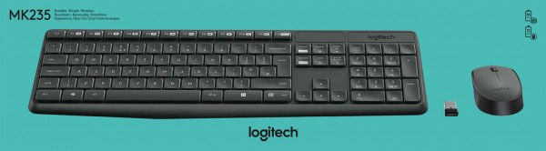 Ensemble clavier/souris Logitech MK235, Sans fil, anthracite DE, Optique, 1000 dpi, Vente au détail