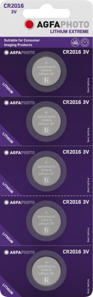Batterie Agfaphoto au lithium, pile bouton, CR2016, 3 V extrême, blister de vente au détail (paquet de 5)