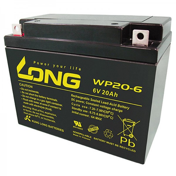 Kung Long WP20-6 batterie au plomb 6 volts 20Ah avec pôle plat M5 - contact M5 B / N