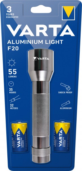Lampe torche LED Varta en aluminium 55 lm, avec 2 piles Baby C, blister de vente au détail
