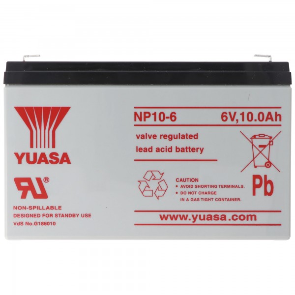 Batterie au plomb Yuasa NP10-6 6 volts avec contacts 10Ah et Faston 4.8mm