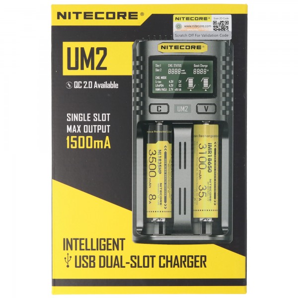 Chargeur USB Nitecore UM2 QC 2.0 compatible pour batteries Li-Ion