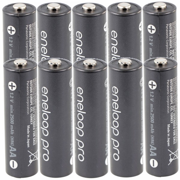 10 batteries Panasonic Eneloop Pro Ni-MH, AA Mignon, 2500 mAh, avec une puissance extra puissante et AccuCell AccuSafe