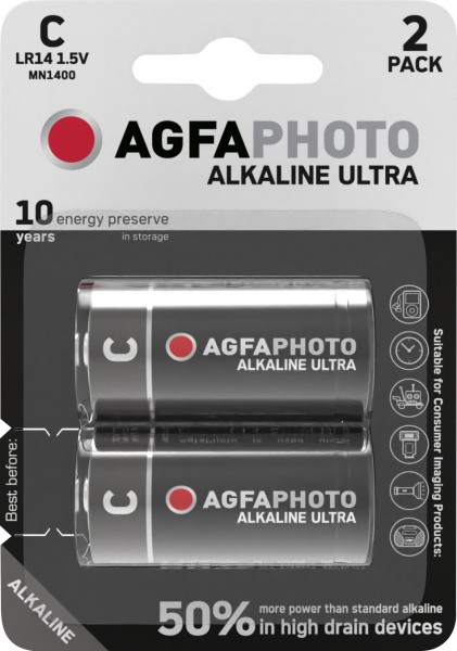 Agfaphoto pile alcaline, bébé, C, LR14, 1,5 V Ultra, blister de vente au détail (paquet de 2)