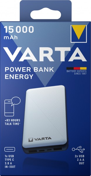 Batterie externe Varta, 5V/15 000mAh, Energy, blanc 2xUSB-A/Micro-B/-C