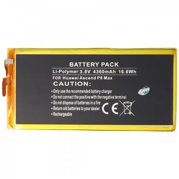 Batterie pour Huawei Ascend P8 Max, Li-Polymer, 3.8V, 4360mAh, 16.6Wh, intégrée, sans outil