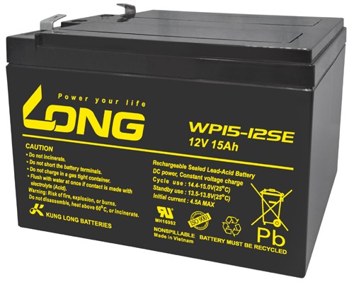 Batterie au plomb Kung Long WP15-12SE F2 résistante aux cycles, 12V, 15Ah avec connexion Faston 6,3 mm