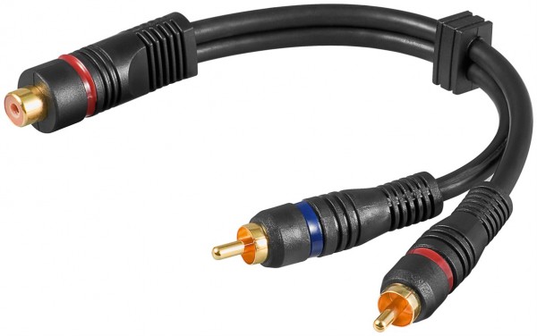 Câble adaptateur Goobay Audio Y, 1x fiche cinch vers prise cinch stéréo, OFC, double blindage - prise cinch > 2x fiche cinch (audio gauche/droite)