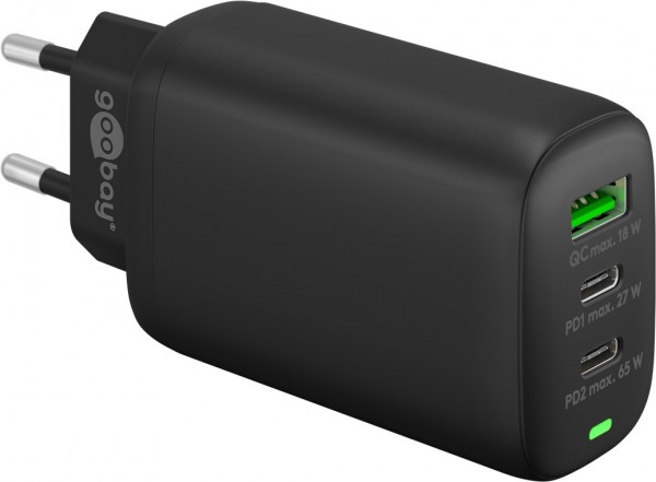 Chargeur rapide triple multiport Goobay USB-C™ PD (65 W) noir - adaptateur de charge avec 2x ports USB-C™ (Power Delivery) et 1x port USB-A (Quick Charge 3.0)