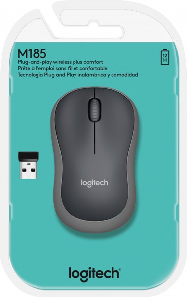 Logitech Mouse M185, sans fil, optique grise, 1000 dpi, 3 boutons, vente au détail