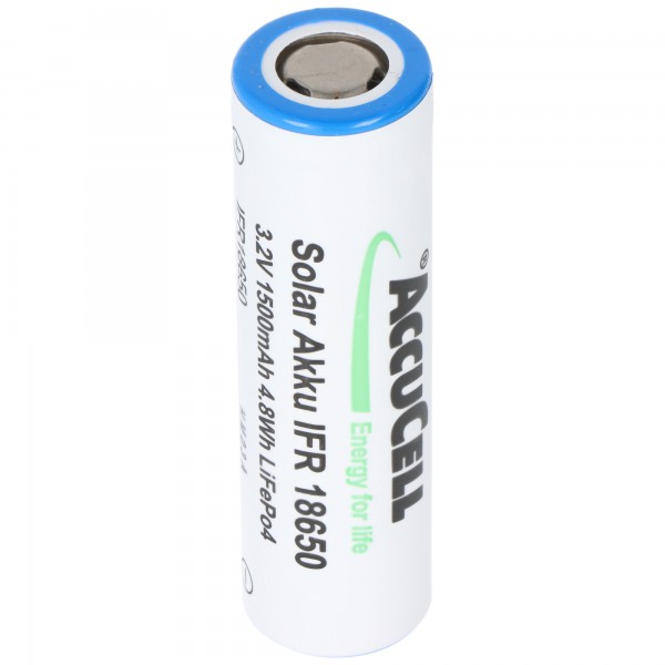 Batterie solaire IFR 18650 3.2V au Lithium (LiFePo4) sans tête (Flattop) non protégée, dimensions 64.5x18mm, capacité de 1100mAh