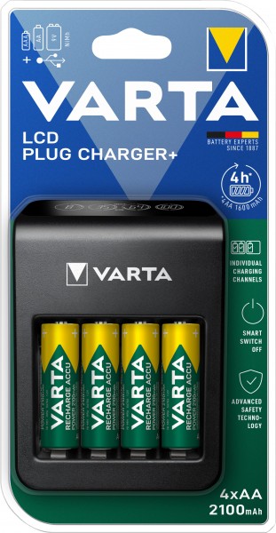 Batterie rechargeable Varta NiMH, chargeur universel, LCD Plug Charger+ avec batteries rechargeables, 4x Mignon, AA, 2100mAh, USB