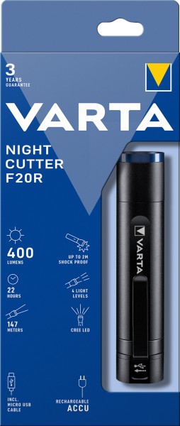 Torche LED Varta Night Cutter F20R 400lm, avec 1x câble micro USB, blister de vente au détail