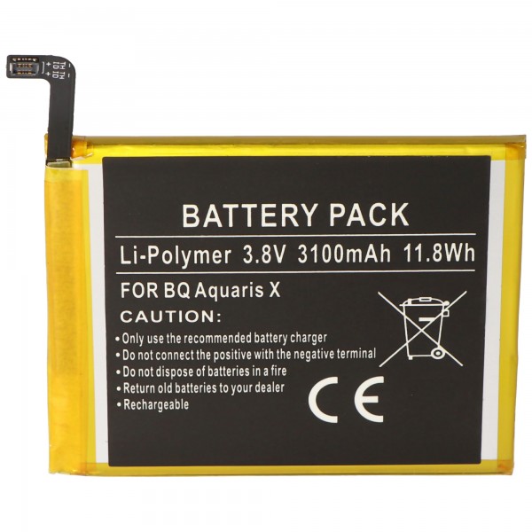 Batterie pour BQ Aquaris X, batterie Li-ion BQ 3100, 3.8V, 3100mAh, dimensions 70,7 x 61,6 x 4,0 mm
