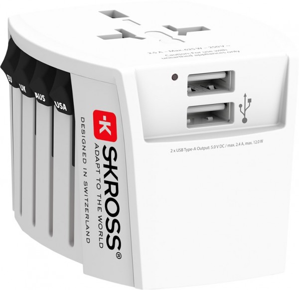 Skross World Adapter MUV USB 2xA - Adaptateur de voyage mondial compact à 2 broches avec 2 ports USB intégrés