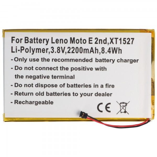 Batterie pour Lenovo Moto E 2nd, XT1527, Li-Polymer, 3.8V, 2200mAh, 8.4Wh, intégrée, sans outil
