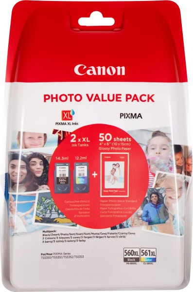 Pack combiné de cartouches d'encre Canon PG-560XL/CL-561XL noir/couleur, comprenant 50 feuilles de papier photo 10x15 cm