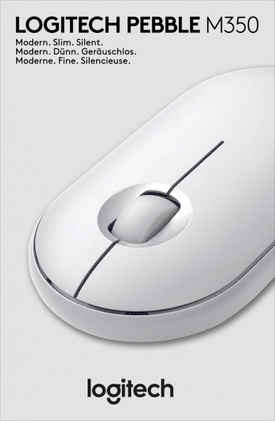 Logitech Mouse M350, Pebble, sans fil, Bluetooth, optique blanche, 1000 dpi, 3 boutons, vente au détail