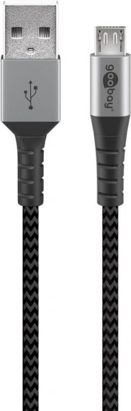 Câble textile micro-USB vers USB-A avec fiches métalliques, câble de connexion extra-robuste pour les appareils avec une connexion micro-USB, protection contre le pliage optimisée
