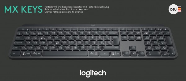 Logitech Keyboard MX Keys, Sans fil, Unifying, Bluetooth, noir Avancé, Lumineux, DE, Vente au détail