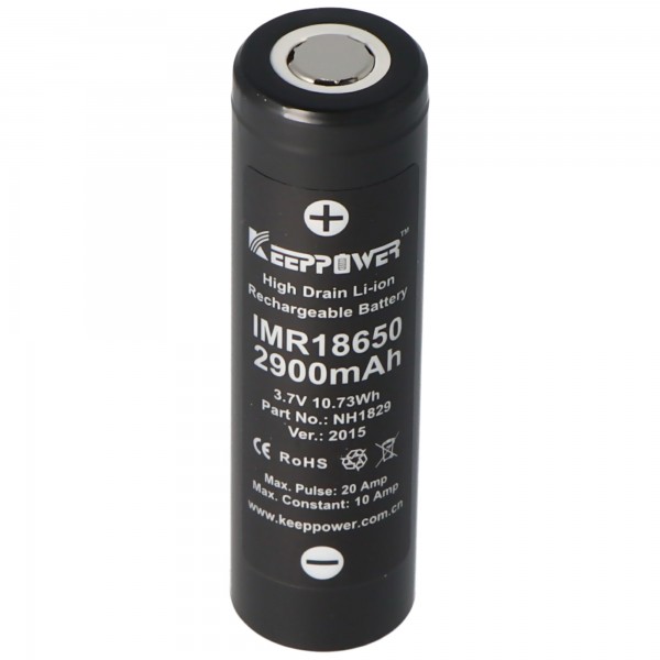 Keeppower IMR18650 - 2900mAh, batterie Li-Ion 3.7V 10A (dessus plat)