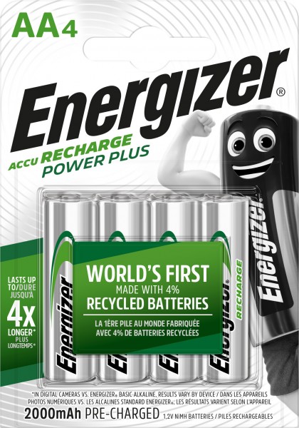 Batterie Energizer NiMH, Mignon, AA, HR06, 1,2 V/2 000 mAh Power Plus, préchargée, blister de vente au détail (paquet de 4)