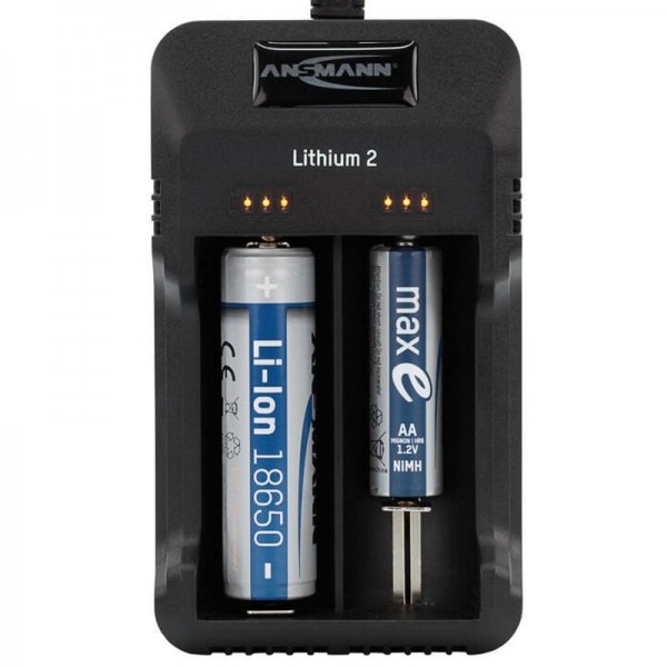 ANSMANN Lithium 2 Chargeur pour 1-2 batterie Li-Ion 3.6V, 3.7V avec indicateurs d'état de charge, noir