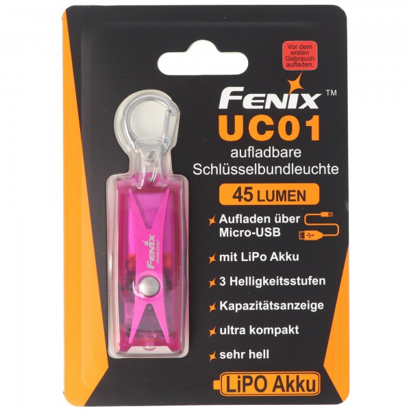 Lampe de poche Fenix UC01 à LED dans un boîtier violet, porte-clé avec batterie et fonction de chargement USB