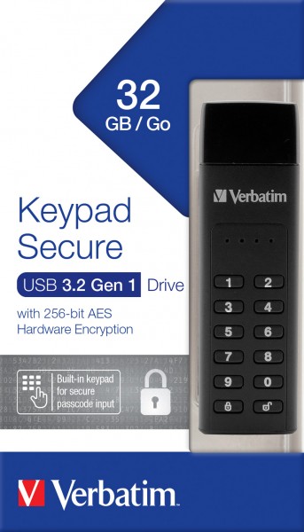 Clé USB 3.2 Verbatim 32 Go, sécurisée, clavier, AES-256-Bit Type-A, (R) 160 Mo/s, (W) 130 Mo/s, vente au détail