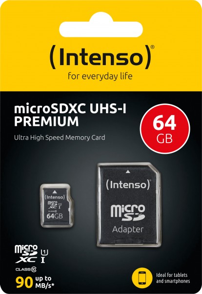 Carte microSDXC Intenso 64 Go, Premium, Classe 10, U1 (R) 90 Mo/s, (W) 10 Mo/s, adaptateur SD, blister de vente au détail