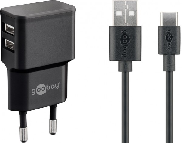 Kit de charge double Goobay USB-C™ 2,4 A - bloc d'alimentation avec 2 prises USB et câble USB Type-C™ 1 m (noir)
