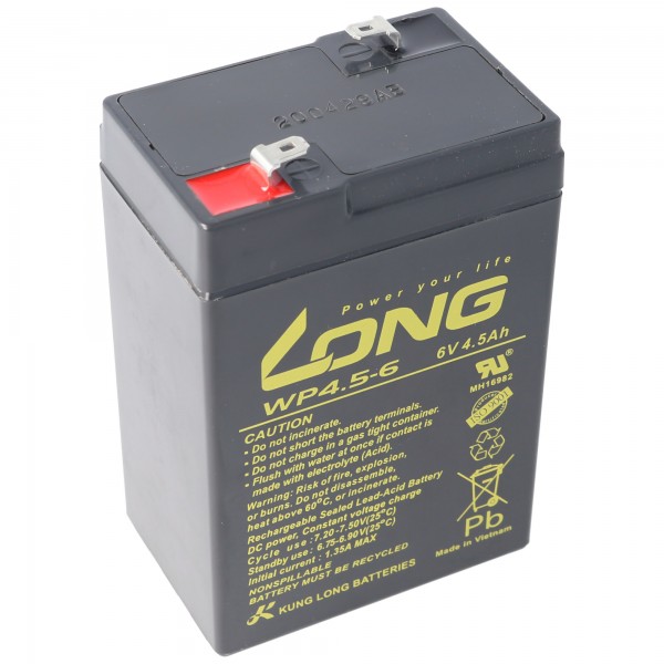 Batterie au plomb Kung Long WP4.5-6 6 Volts 4.5Ah avec contact à fiche Faston 4.8mm