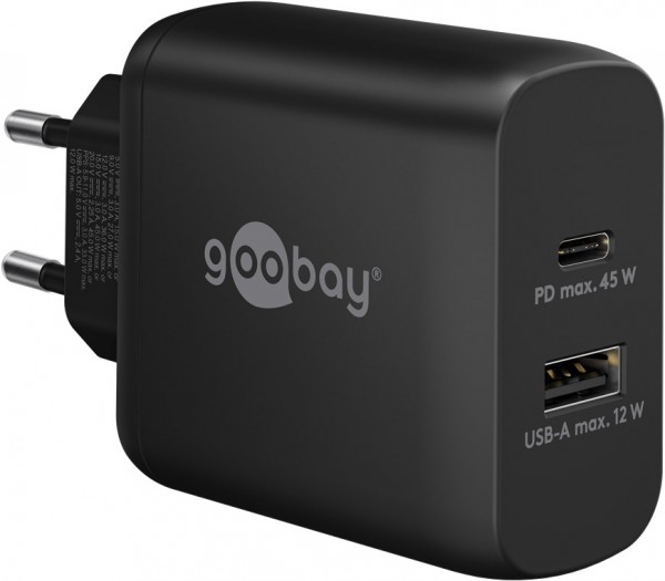 Goobay USB-C™ PD double chargeur rapide (45 W) noir - 1x port USB-C™ (Power Delivery) et 1x port USB-A - noir