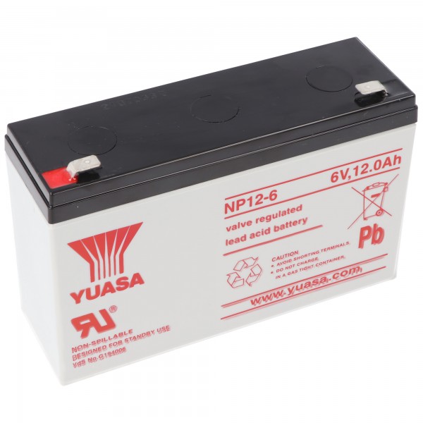 YUASA NP12-6 Fil de batterie PB 6 Volt 12Ah avec contact à fiche Faston 6.3mm large