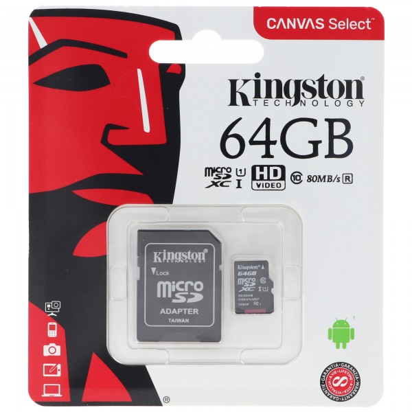 Carte micro SD KINGSTON 64 Go, carte mémoire microSD Kingston Canvas Select Plus, optimisée pour les appareils Android, avec adaptateur SD