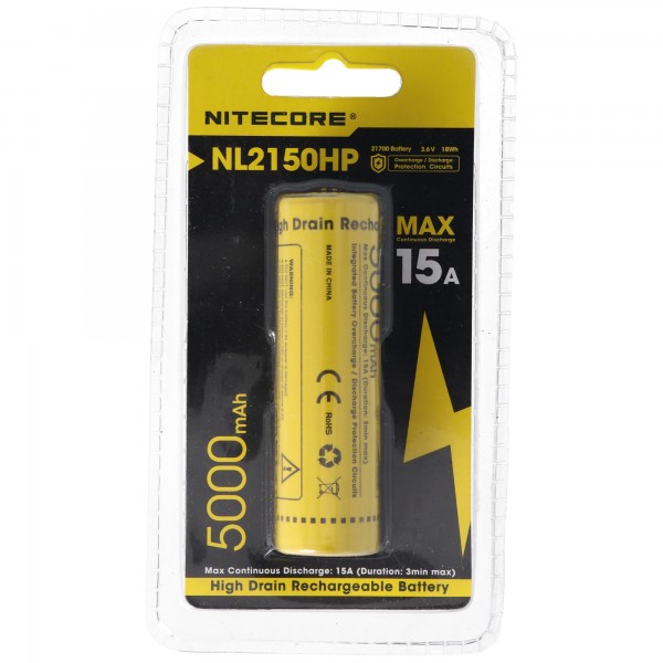 Batterie Li-ion Nitecore 21700 avec 5000mAh NL2150HP avec max. Courant de décharge 15A