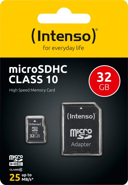 Carte microSDHC Intenso 32 Go, classe 10 (R) 25 Mo/s, (W) 10 Mo/s, adaptateur SD, blister de vente au détail