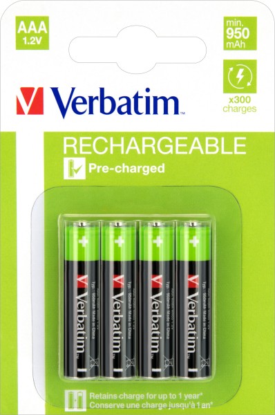 Batterie rechargeable Verbatim NiMH, Micro, AAA, HR03, 1,2 V/1 000 mAh préchargée, blister de vente au détail (paquet de 4)