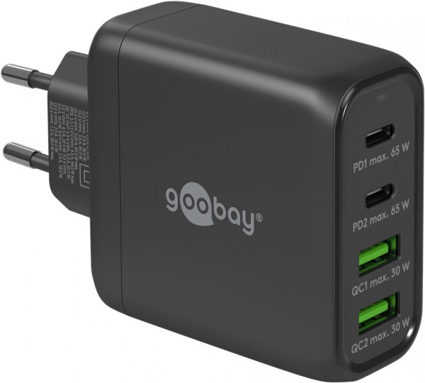 Goobay Chargeur rapide multiport USB-C™ PD (68 W) noir - 2x ports USB-C™ (Power Delivery) et 2x ports USB-A (Quick Charge) - noir