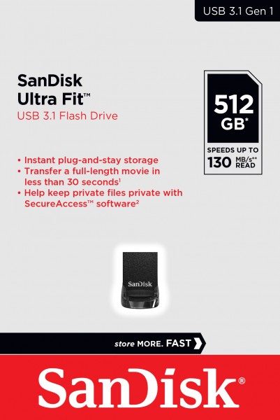 Clé USB 3.1 Sandisk 512 Go, Ultra Fit Type-A, (R) 130 Mo/s, (W) 60 Mo/s,  AES-128-Bit, blister de vente au détail, Clés USB, Cartes mémoires