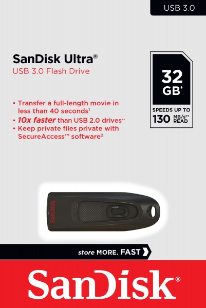 Sandisk Clé USB 3.0 32 Go, Ultra Type-A, (R) 130 Mo/s, SecureAccess, blister de vente au détail