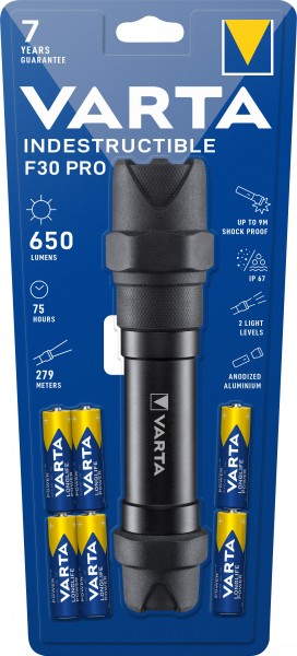 Lampe de poche LED Varta Indestructible, F30 Pro 650lm, avec 6 piles alcalines AA, blister de vente au détail
