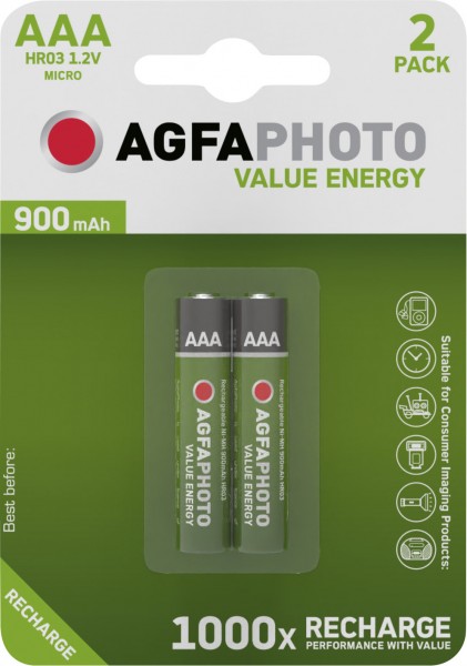 Agfaphoto Batterie NiMH, Micro, AAA, HR03, 1,2 V/900 mAh Value Energy, Blister de vente au détail (lot de 2)