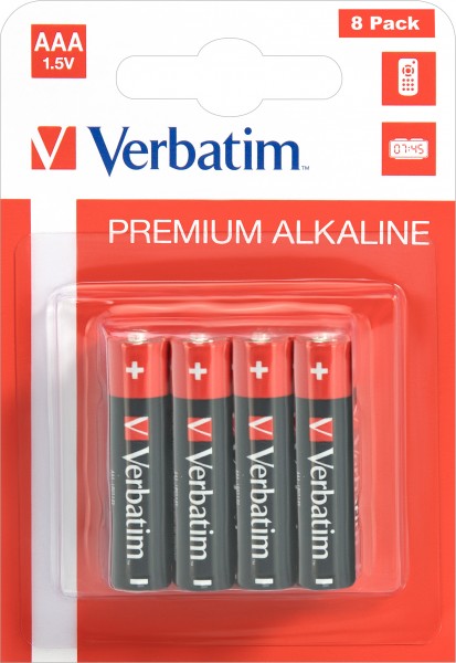 Pile alcaline Verbatim, micro, AAA, LR03, 1,5 V Premium, blister de vente au détail (paquet de 8)