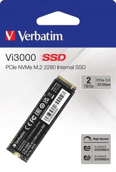 Verbatim SSD 2 To, PCIe 3.0, M.2 2280, NVMe, Vi3000 (R) 3 300 Mo/s, (W) 3 000 Mo/s, vente au détail