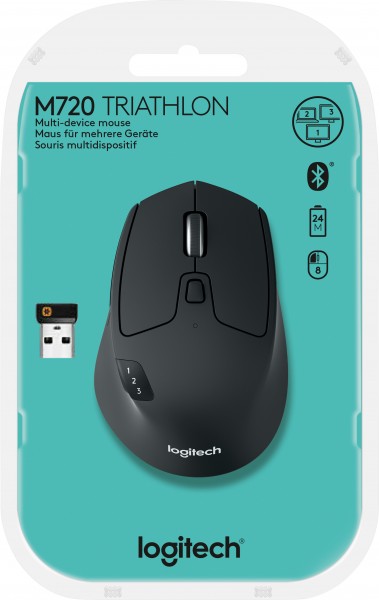 Logitech Mouse M720, Triathlon, Sans fil, Unifying, Bluetooth, optique noire, 1000 dpi, 8 boutons, vente au détail