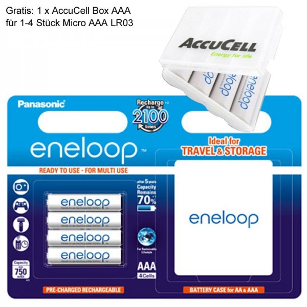 AAA Panasonic eneloop Micro BK-4MCCEC4BE 800mAh 4 pièces, y compris le boitier Eneloop et le AccuCell BatterieSafe AAA