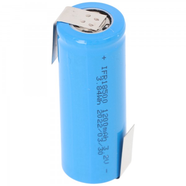 Batterie IFR 18500 1200mAh 3.2V LiFePo4 flat top sans tête non protégée 49x18.15mm avec cosse à souder Z