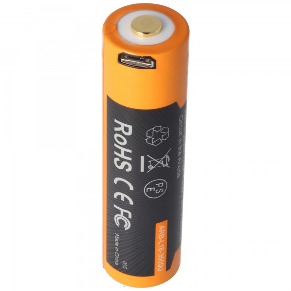 Batterie Li-ion 18650, 3500mAh protégée avec fonction de chargement USB, 70x18,6mm, avec AccuSafe