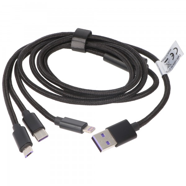 Câble de données USB 3IN1 adapté pour USB-C, iPhone, câble MICRO-USB 1 mètre NOIR